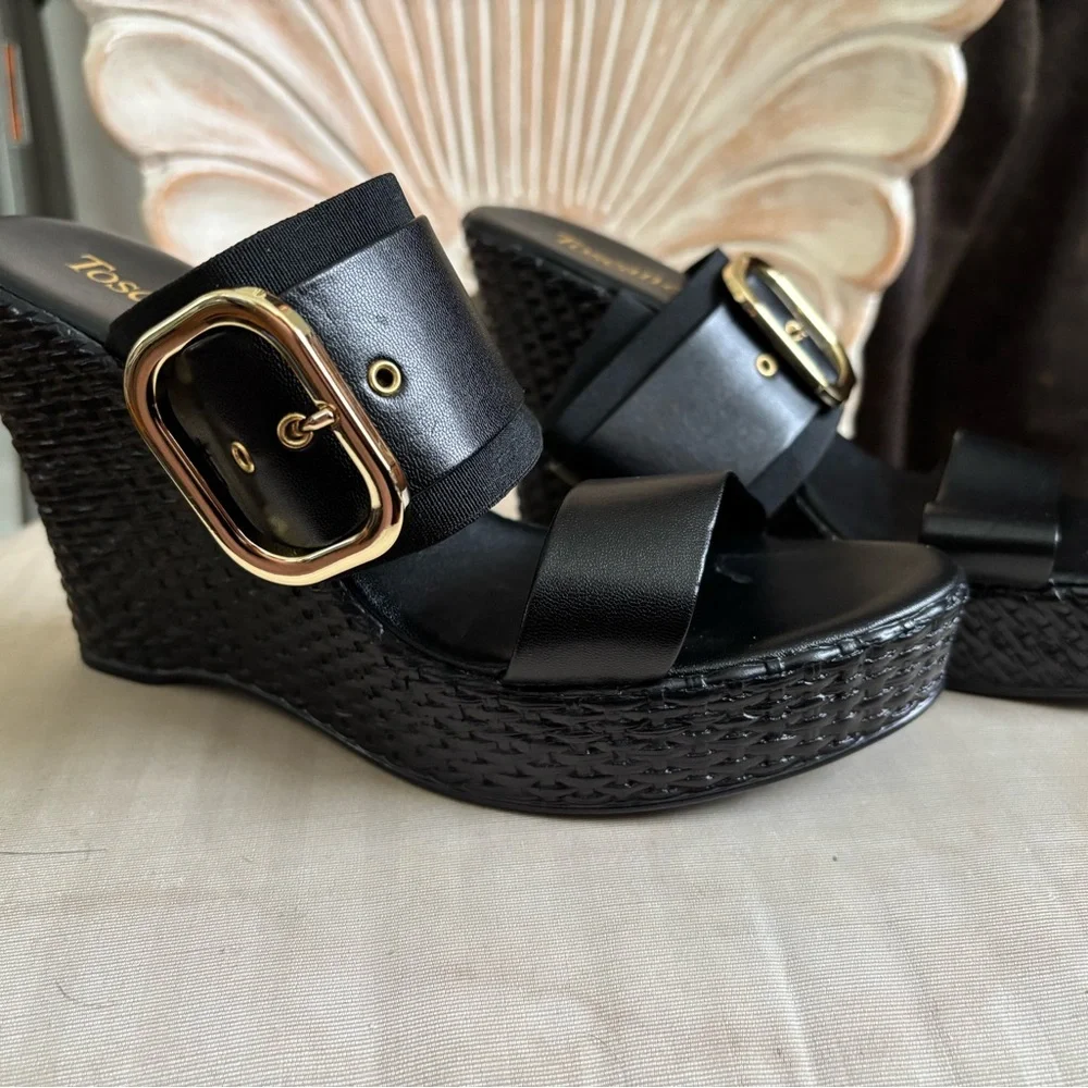 Black Leather Platform Wedge Sandals with Gold Buckle